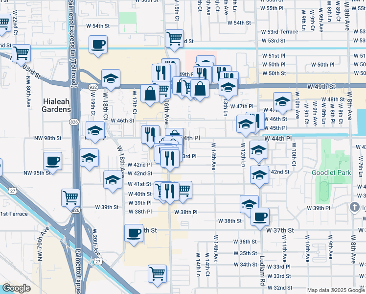 map of restaurants, bars, coffee shops, grocery stores, and more near 1550 West 44th Place in Hialeah