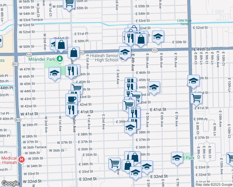 map of restaurants, bars, coffee shops, grocery stores, and more near 275 East 43rd Street in Hialeah