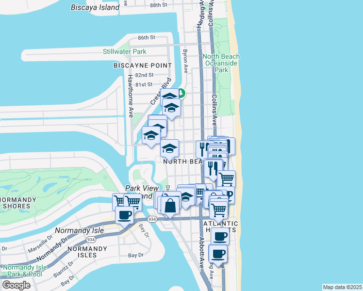 map of restaurants, bars, coffee shops, grocery stores, and more near 7620 Byron Avenue in Miami Beach
