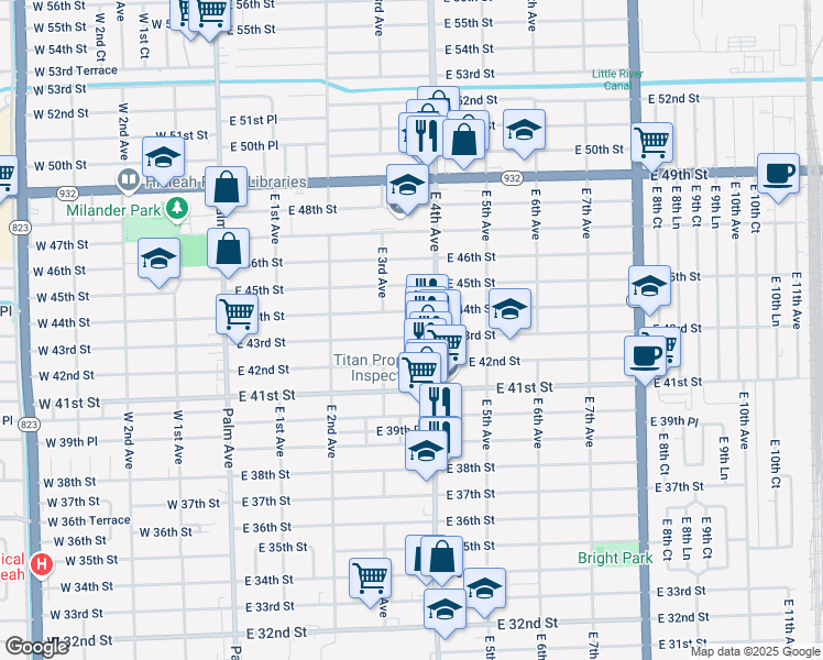 map of restaurants, bars, coffee shops, grocery stores, and more near 390 East 43rd Street in Hialeah