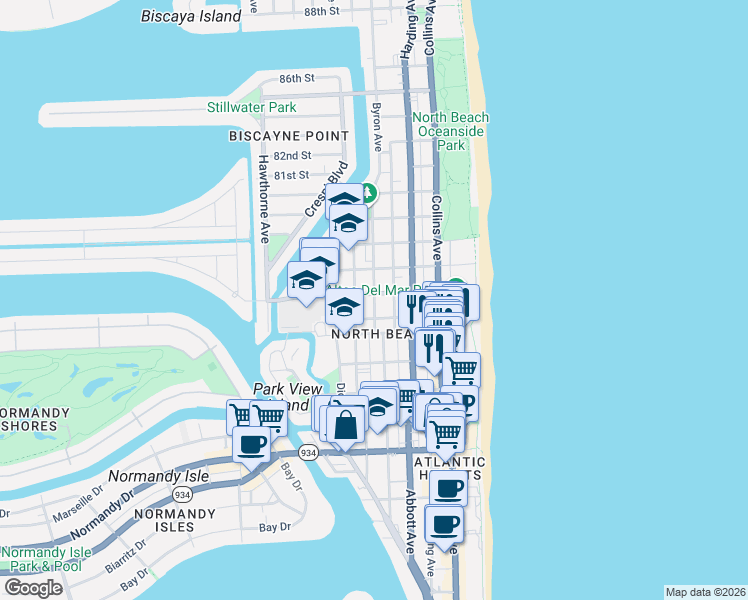 map of restaurants, bars, coffee shops, grocery stores, and more near 7640 Byron Ave in Miami Beach