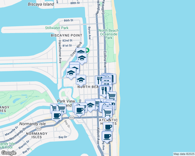 map of restaurants, bars, coffee shops, grocery stores, and more near in Miami Beach