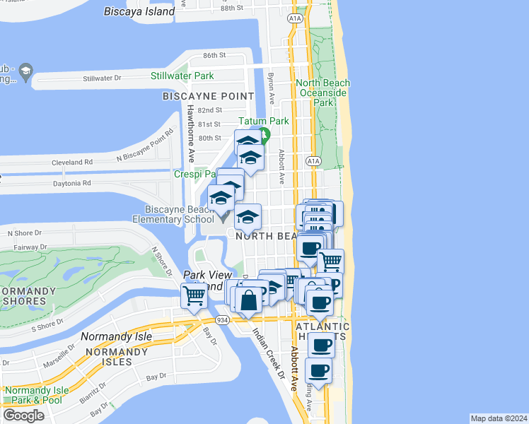 map of restaurants, bars, coffee shops, grocery stores, and more near 7620 Byron Avenue in Miami Beach