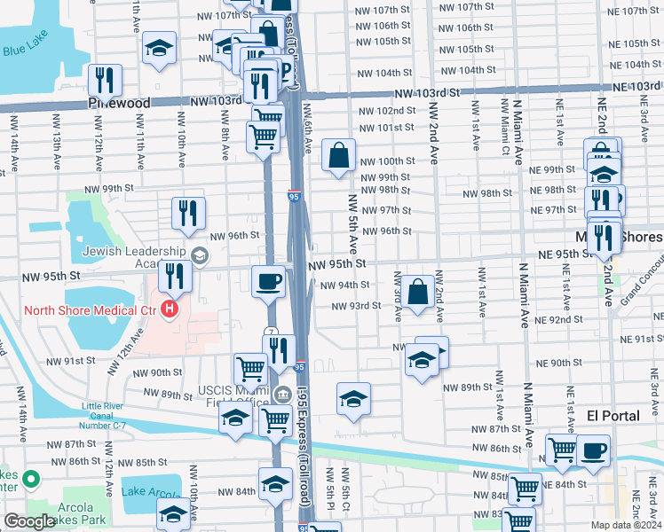map of restaurants, bars, coffee shops, grocery stores, and more near 544 Northwest 95th Street in Miami