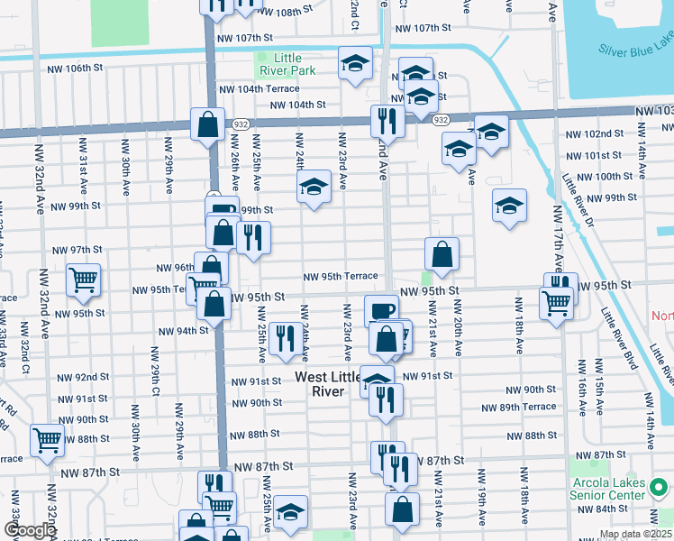map of restaurants, bars, coffee shops, grocery stores, and more near 2320 Northwest 95th Terrace in Miami
