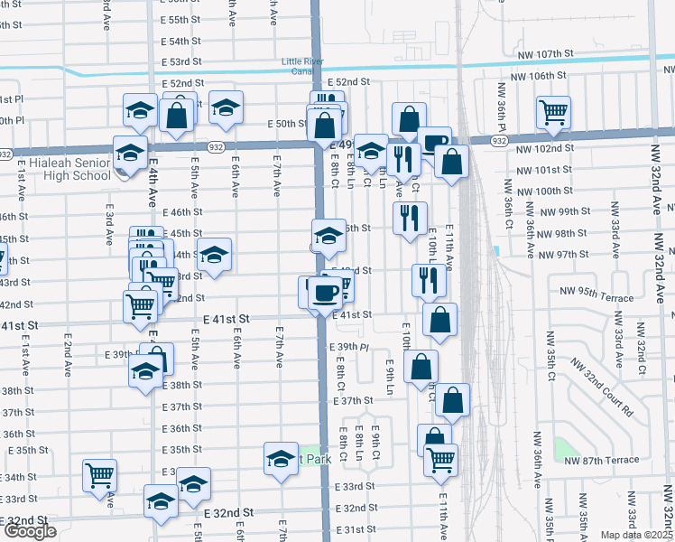 map of restaurants, bars, coffee shops, grocery stores, and more near 4265 East 8th Avenue in Hialeah
