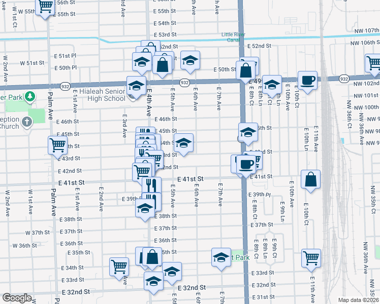 map of restaurants, bars, coffee shops, grocery stores, and more near in Hialeah