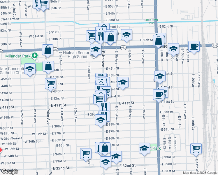 map of restaurants, bars, coffee shops, grocery stores, and more near 426 East 43rd Street in Hialeah