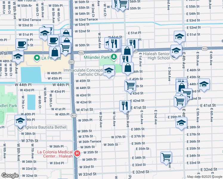 map of restaurants, bars, coffee shops, grocery stores, and more near 83 West 43rd Street in Hialeah