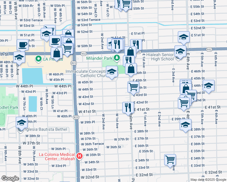 map of restaurants, bars, coffee shops, grocery stores, and more near 83 West 43rd Street in Hialeah