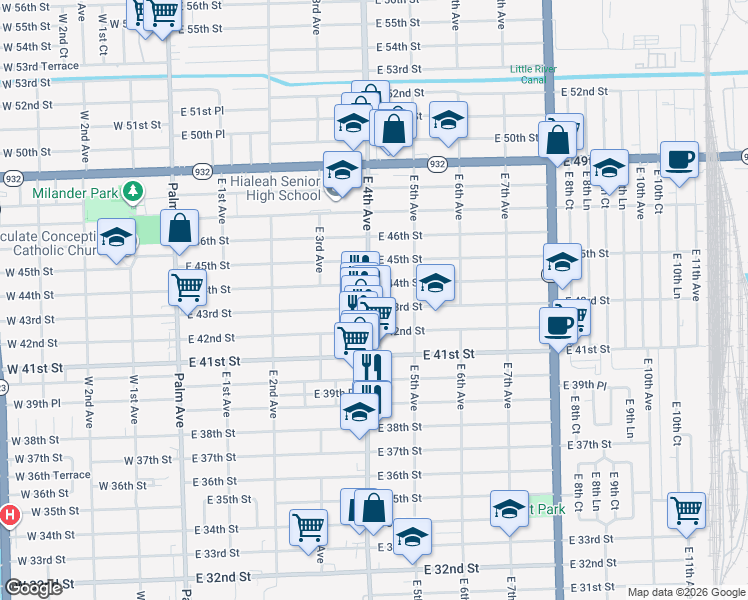 map of restaurants, bars, coffee shops, grocery stores, and more near 426 East 43rd Street in Hialeah