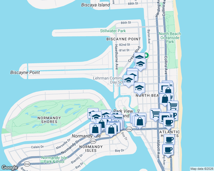 map of restaurants, bars, coffee shops, grocery stores, and more near 1158 South Biscayne Point Road in Miami Beach