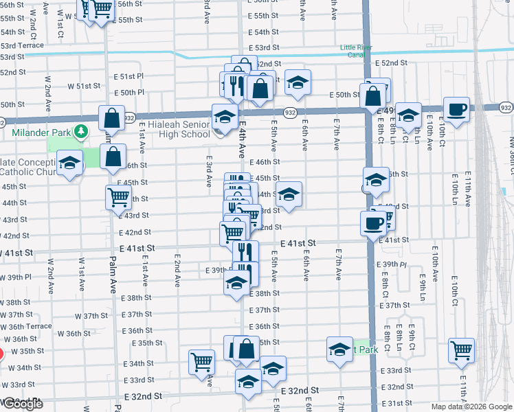 map of restaurants, bars, coffee shops, grocery stores, and more near 426 East 43rd Street in Hialeah