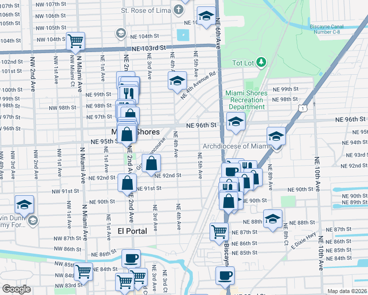map of restaurants, bars, coffee shops, grocery stores, and more near 431 Northeast 94th Street in Miami Shores