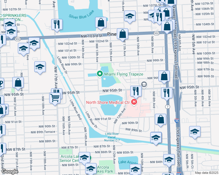 map of restaurants, bars, coffee shops, grocery stores, and more near 1235 Northwest 95th Street in Miami