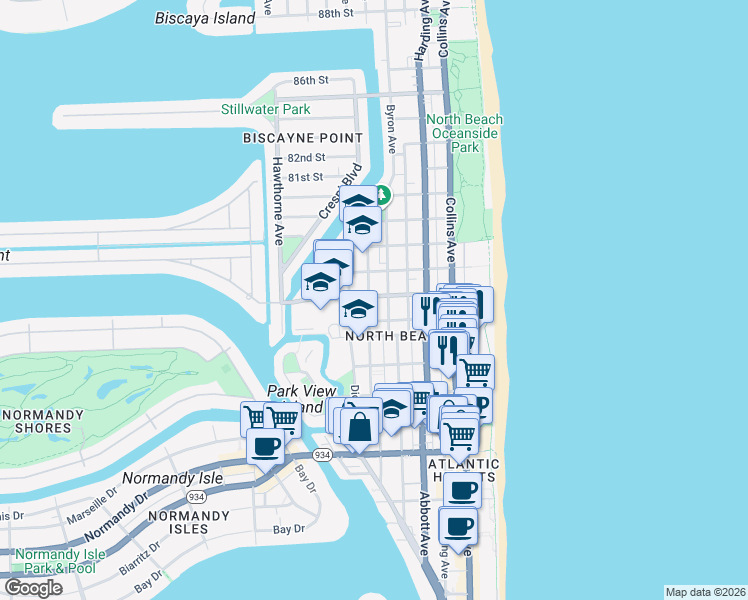 map of restaurants, bars, coffee shops, grocery stores, and more near 7620 Byron Avenue in Miami Beach