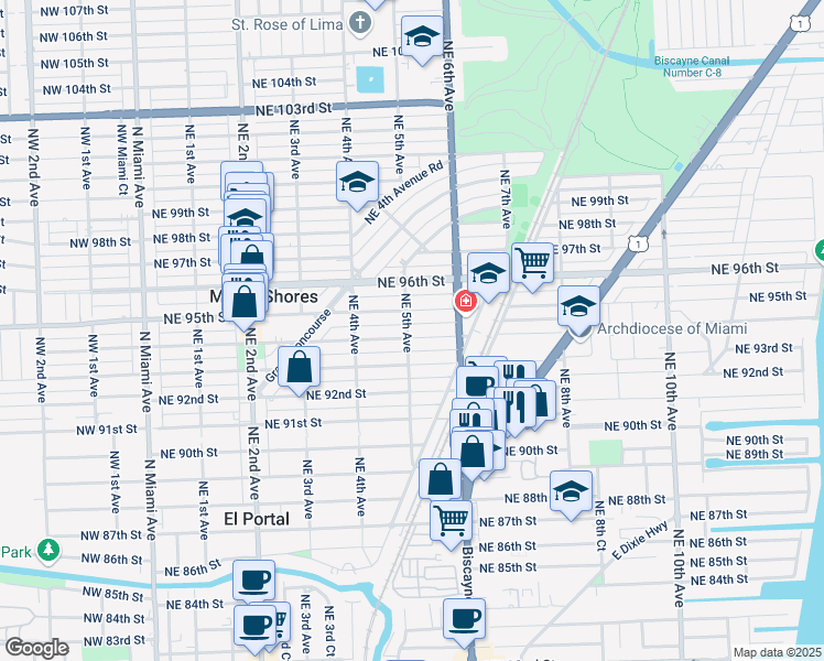 map of restaurants, bars, coffee shops, grocery stores, and more near 502 Northeast 94th Street in Miami Shores