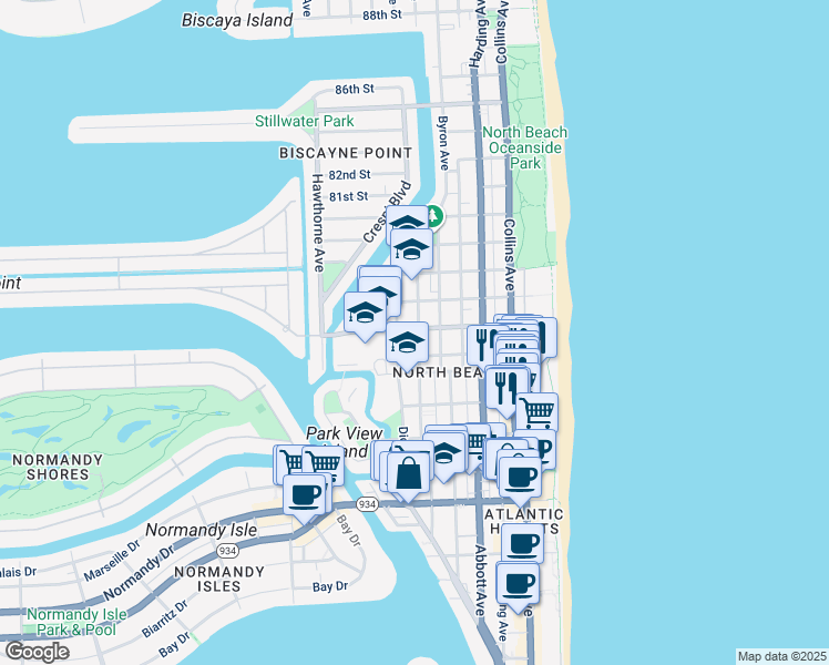 map of restaurants, bars, coffee shops, grocery stores, and more near 610 77th Street in Miami Beach