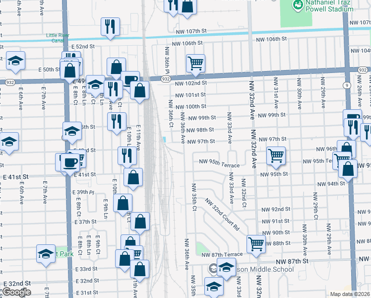 map of restaurants, bars, coffee shops, grocery stores, and more near 9560 Northwest 35th Court in Miami