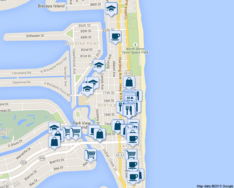 map of restaurants, bars, coffee shops, grocery stores, and more near in Miami Beach