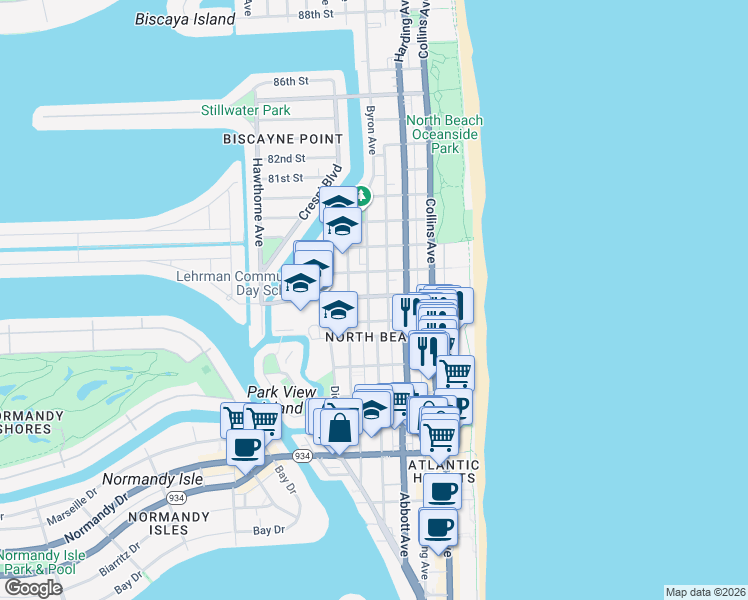 map of restaurants, bars, coffee shops, grocery stores, and more near 7620 Byron Avenue in Miami Beach