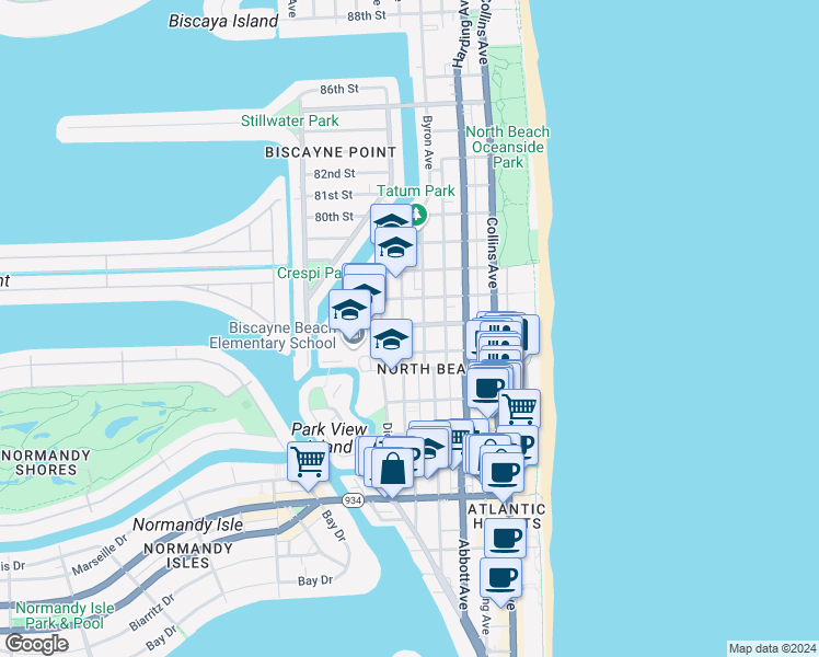 map of restaurants, bars, coffee shops, grocery stores, and more near 7620 Byron Avenue in Miami Beach