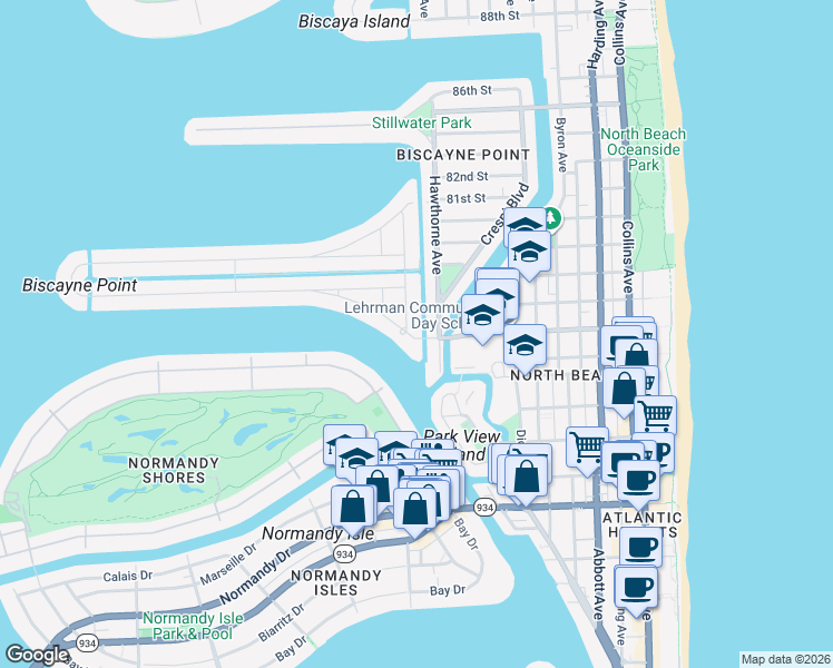map of restaurants, bars, coffee shops, grocery stores, and more near 1158 South Biscayne Point Road in Miami Beach