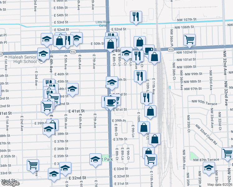 map of restaurants, bars, coffee shops, grocery stores, and more near 4265 East 8th Lane in Hialeah