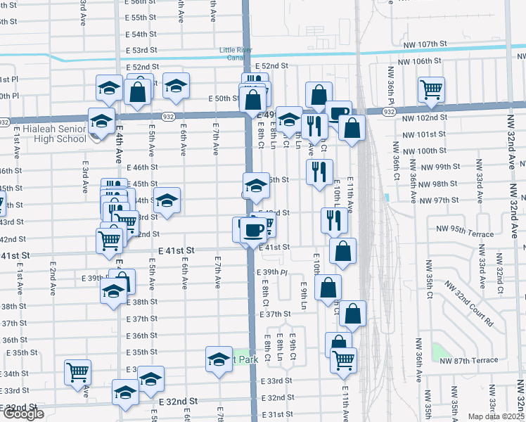 map of restaurants, bars, coffee shops, grocery stores, and more near 4265 East 8th Avenue in Hialeah
