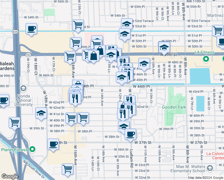 map of restaurants, bars, coffee shops, grocery stores, and more near 1360 West 44th Street in Hialeah