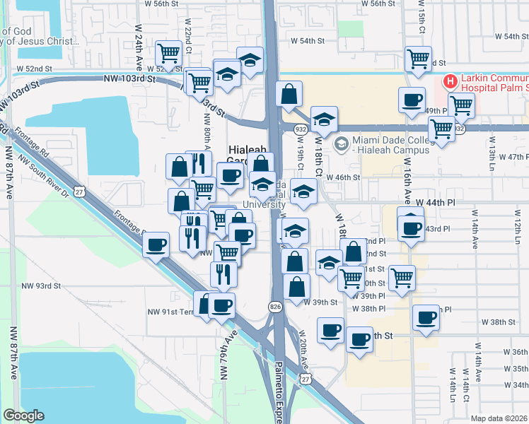 map of restaurants, bars, coffee shops, grocery stores, and more near 9660 Northwest 77th Avenue in Hialeah Gardens
