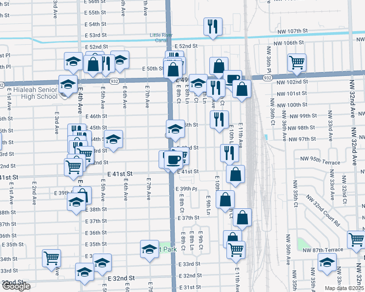 map of restaurants, bars, coffee shops, grocery stores, and more near 4265 East 8th Lane in Hialeah