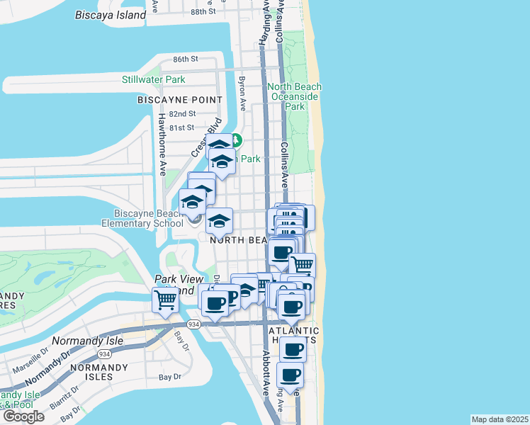 map of restaurants, bars, coffee shops, grocery stores, and more near 7646 Harding Avenue in Miami Beach