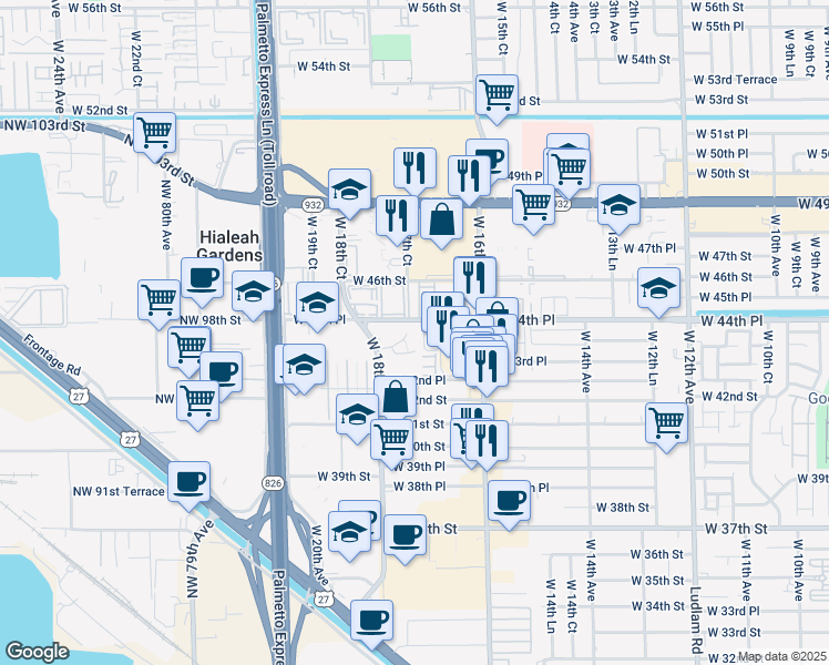 map of restaurants, bars, coffee shops, grocery stores, and more near 1664 West 44th Place in Hialeah