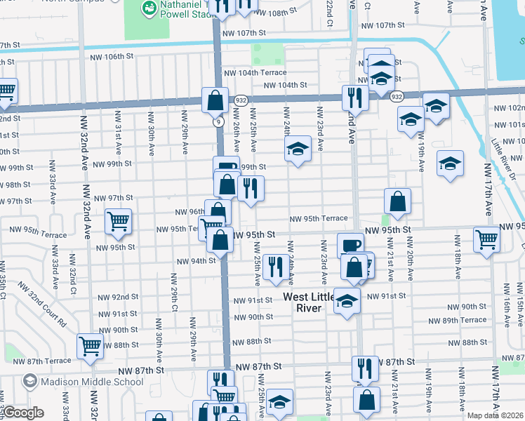 map of restaurants, bars, coffee shops, grocery stores, and more near 2482 Northwest 95th Terrace in Miami