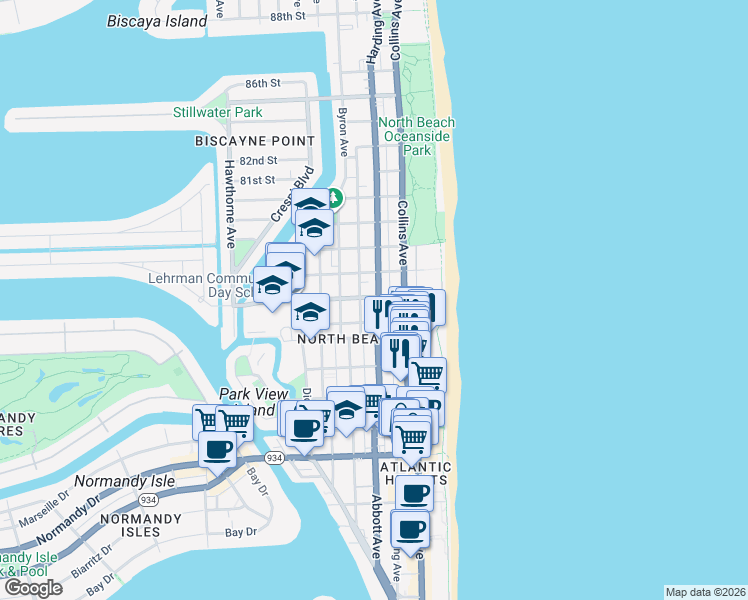 map of restaurants, bars, coffee shops, grocery stores, and more near in Miami Beach