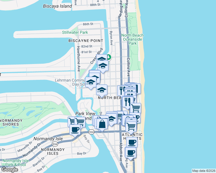 map of restaurants, bars, coffee shops, grocery stores, and more near 7620 Byron Avenue in Miami Beach