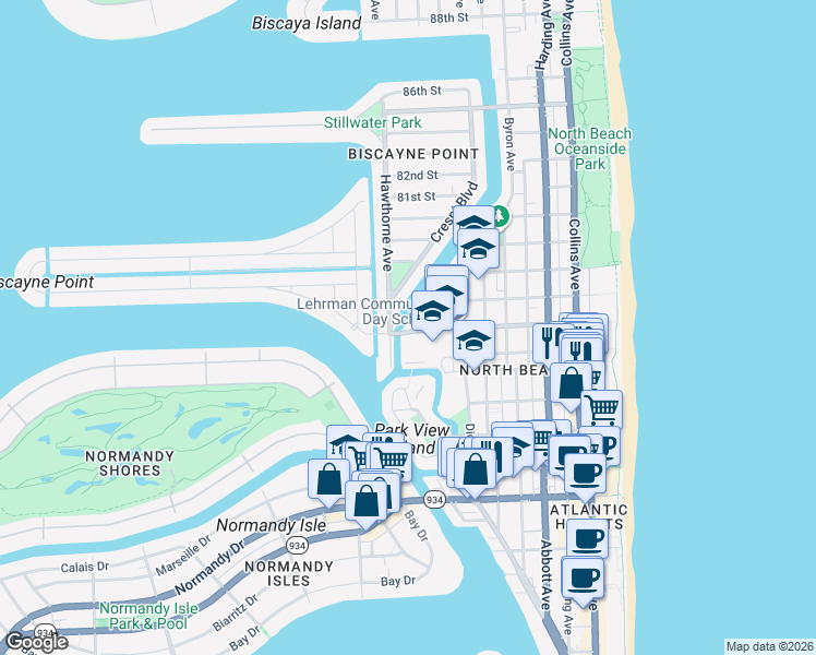 map of restaurants, bars, coffee shops, grocery stores, and more near 800 77th Street in Miami Beach