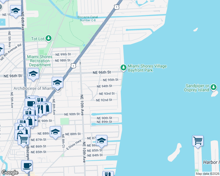 map of restaurants, bars, coffee shops, grocery stores, and more near 1237 Northeast 93rd Street in Miami Shores