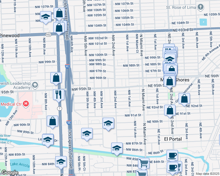 map of restaurants, bars, coffee shops, grocery stores, and more near 9413 Northwest 2nd Court in Miami Shores