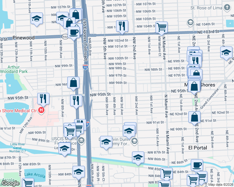 map of restaurants, bars, coffee shops, grocery stores, and more near 9414 Northwest 2nd Place in Miami Shores
