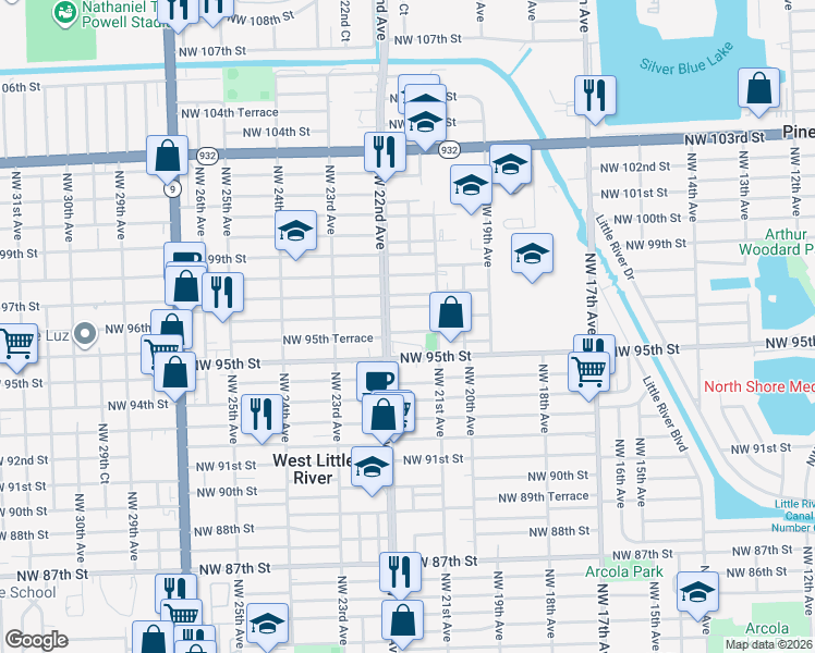 map of restaurants, bars, coffee shops, grocery stores, and more near 2101 Northwest 95th Street in Miami