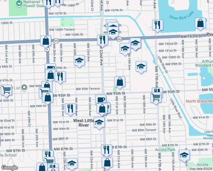 map of restaurants, bars, coffee shops, grocery stores, and more near 2165 Northwest 96th Street in Miami