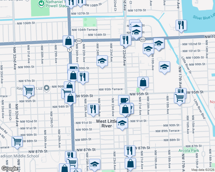 map of restaurants, bars, coffee shops, grocery stores, and more near 2320 Northwest 95th Terrace in Miami