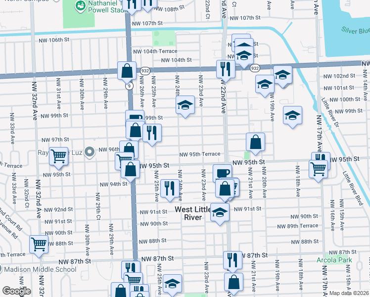 map of restaurants, bars, coffee shops, grocery stores, and more near 2392 Northwest 95th Terrace in Miami