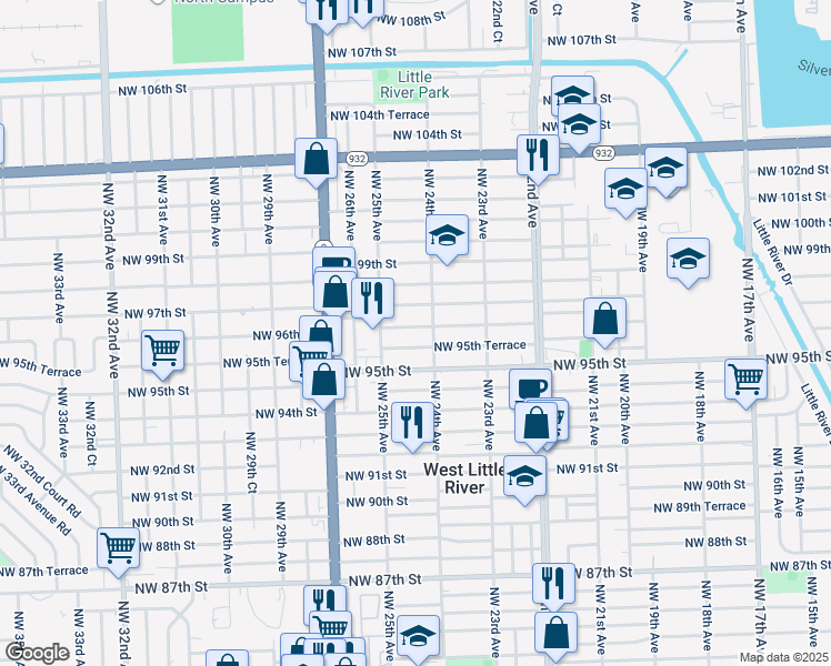 map of restaurants, bars, coffee shops, grocery stores, and more near 2482 Northwest 95th Terrace in Miami