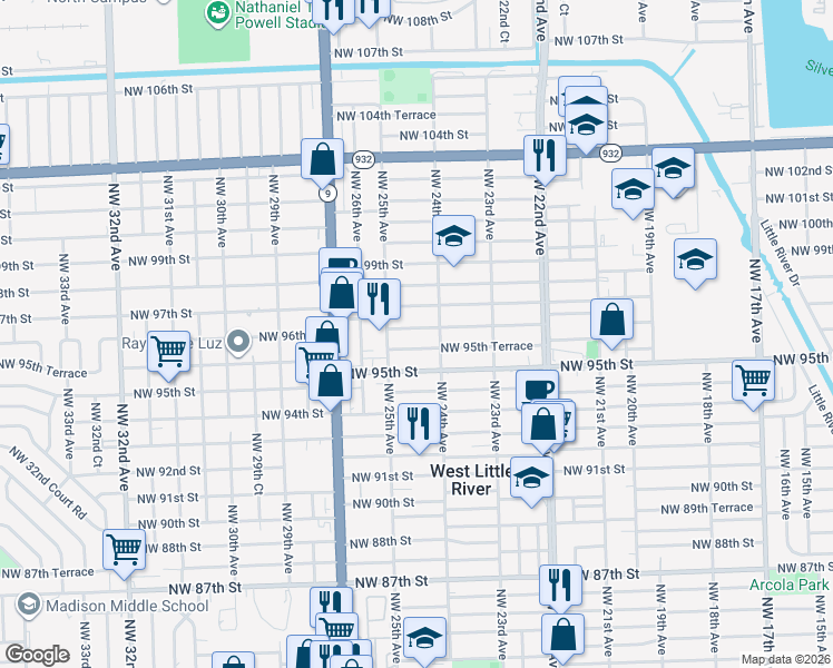 map of restaurants, bars, coffee shops, grocery stores, and more near 2482 Northwest 95th Terrace in Miami
