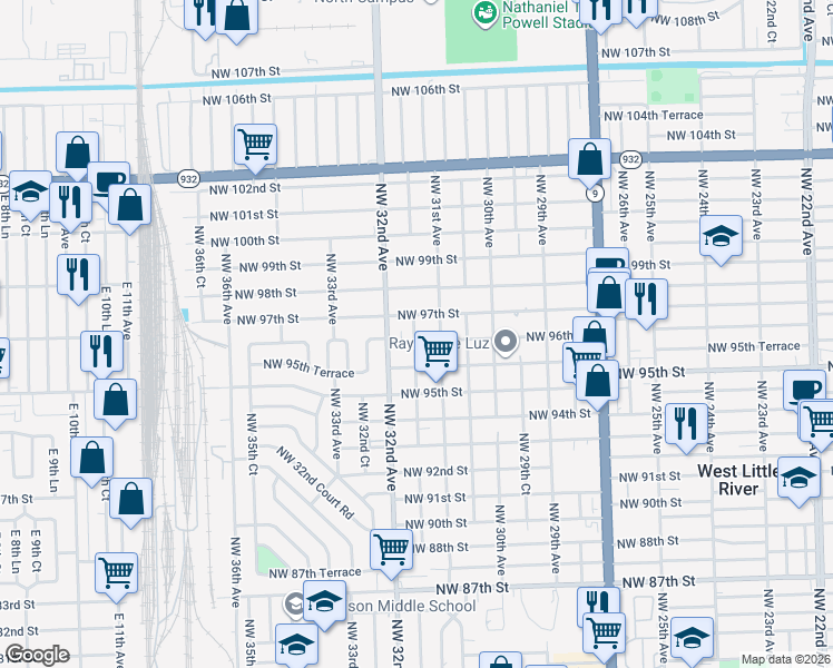 map of restaurants, bars, coffee shops, grocery stores, and more near 3170 Northwest 96th Street in Miami