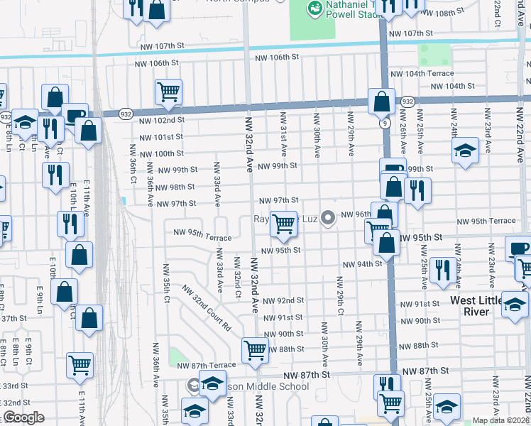 map of restaurants, bars, coffee shops, grocery stores, and more near 3170 Northwest 96th Street in Miami