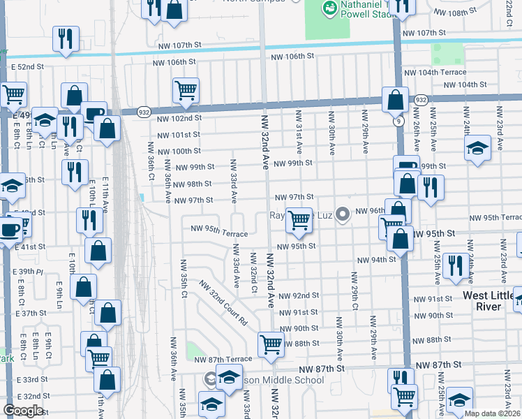 map of restaurants, bars, coffee shops, grocery stores, and more near 9580 Northwest 32nd Court in Miami